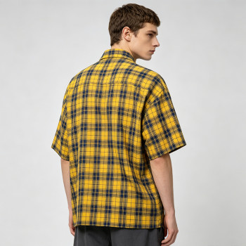 Yellow Plaid Silver Foil Print Short Sleeve Shirt | Oversized Fit | Daily Street Outfit | OEM Streetwear