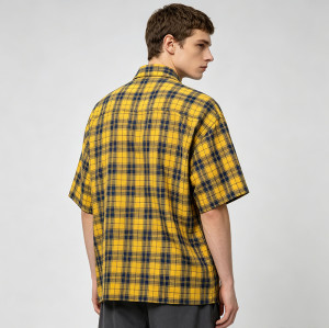 Yellow Plaid Silver Foil Print Short Sleeve Shirt | Oversized Fit | Daily Street Outfit | OEM Streetwear