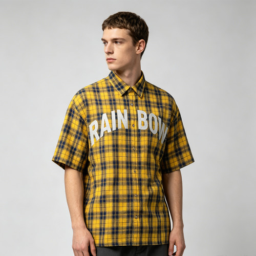 Yellow Plaid Silver Foil Print Short Sleeve Shirt | Oversized Fit | Daily Street Outfit | OEM Streetwear