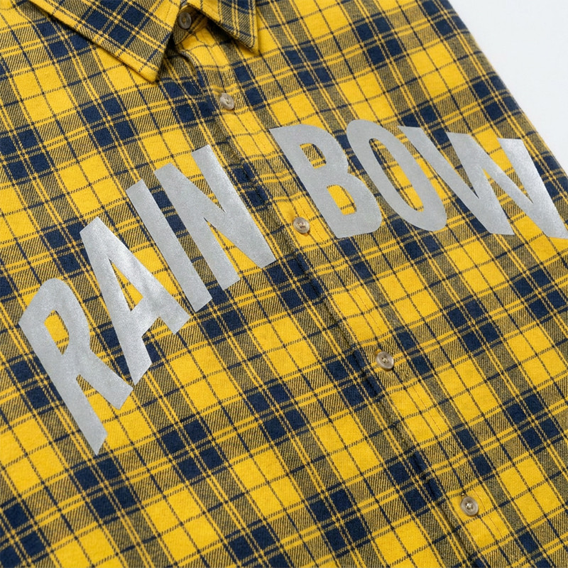Yellow Plaid Silver Foil Print Short Sleeve Shirt