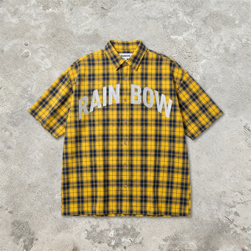 Yellow Plaid Silver Foil Print Short Sleeve Shirt | Oversized Fit | Daily Street Outfit | OEM Streetwear
