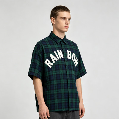Plaid Towel Embroidery Short Sleeve Shirt | Plaid Fabric Loose Boxy Fit | Daily Street Casual Wear | Custom Streetwear