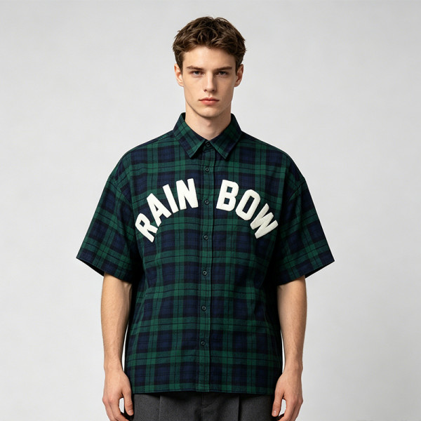 Plaid Towel Embroidery Short Sleeve Shirt | Plaid Fabric Loose Boxy Fit | Daily Street Casual Wear | Custom Streetwear
