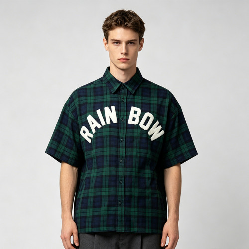 Plaid Towel Embroidery Short Sleeve Shirt | Plaid Fabric Loose Boxy Fit | Daily Street Casual Wear | Custom Streetwear