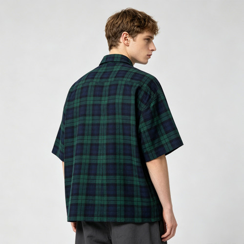 Plaid Towel Embroidery Short Sleeve Shirt | Plaid Fabric Loose Boxy Fit | Daily Street Casual Wear | Custom Streetwear