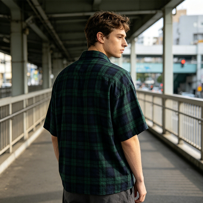 Plaid Towel Embroidery Short Sleeve Shirt