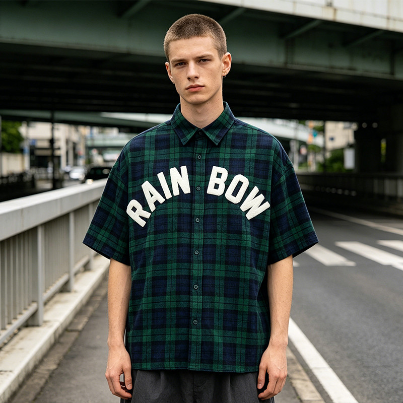 Plaid Towel Embroidery Short Sleeve Shirt