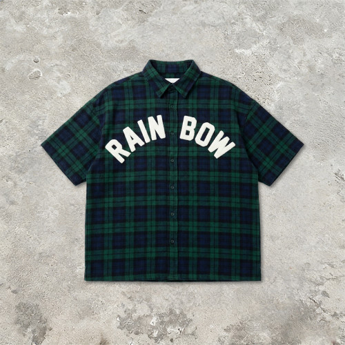 Plaid Towel Embroidery Short Sleeve Shirt | Plaid Fabric Loose Boxy Fit | Daily Street Casual Wear | Custom Streetwear