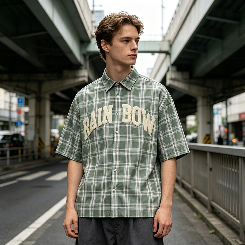 Towel Embroidery Plaid Short Sleeve Shirt