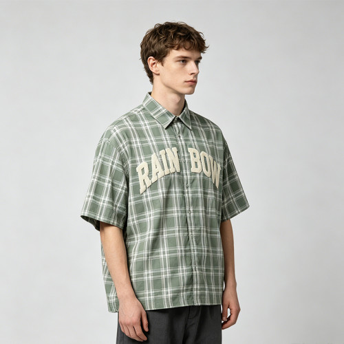 Towel Embroidery Plaid Short Sleeve Shirt | Relaxed Oversized Fit | Breathable Cotton Plaid Fabric | Clothing Manufacturer