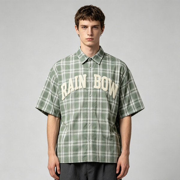 Towel Embroidery Plaid Short Sleeve Shirt | Relaxed Oversized Fit | Breathable Cotton Plaid Fabric | Clothing Manufacturer