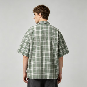 Towel Embroidery Plaid Short Sleeve Shirt | Relaxed Oversized Fit | Breathable Cotton Plaid Fabric | Clothing Manufacturer