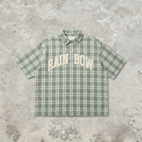 Towel Embroidery Plaid Short Sleeve Shirt | Relaxed Oversized Fit | Breathable Cotton Plaid Fabric | Clothing Manufacturer