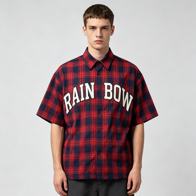 Applique Plaid Short Sleeve Shirt | Boxy Oversized Fit | Street Daily Casual Wear | OEM Streetwear