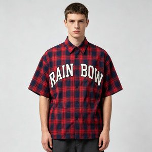 Applique Plaid Short Sleeve Shirt | Boxy Oversized Fit | Street Daily Casual Wear | OEM Streetwear