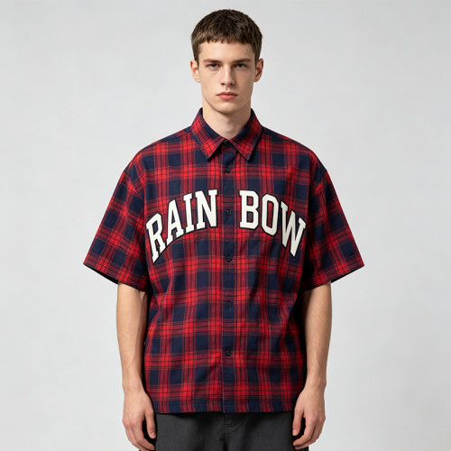 Applique Plaid Short Sleeve Shirt | Boxy Oversized Fit | Street Daily Casual Wear | OEM Streetwear