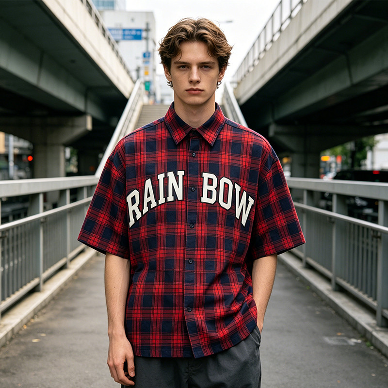 Applique Plaid Short Sleeve Shirt