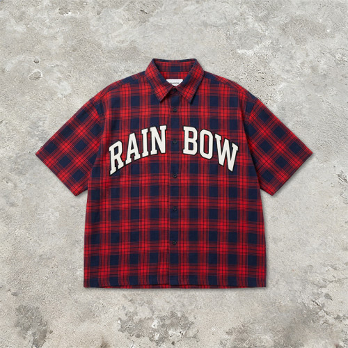 Applique Plaid Short Sleeve Shirt | Boxy Oversized Fit | Street Daily Casual Wear | OEM Streetwear
