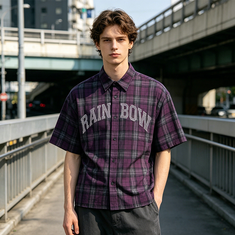 Rhinestone Hotfix Plaid Short Sleeve Shirt