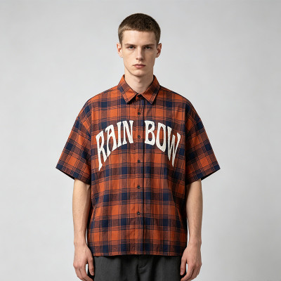 Short Sleeve Plaid Screen Print Shirt | Vintage Crack Print | Daily Street Outfit | OEM Streetwear