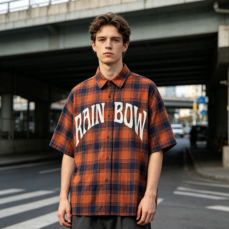Short Sleeve Plaid Screen Print Shirt