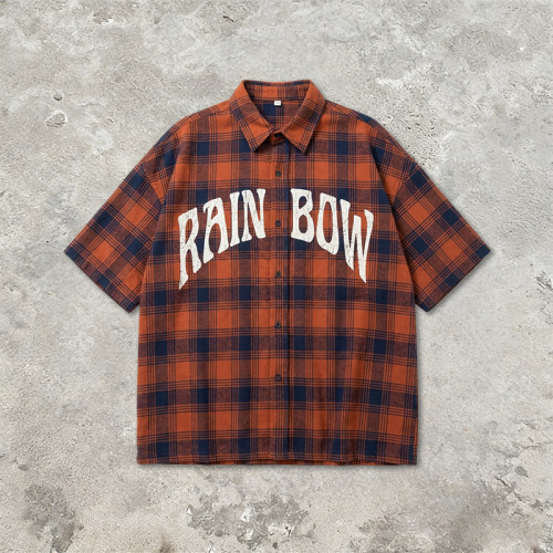 Short Sleeve Plaid Screen Print Shirt | Vintage Crack Print | Daily Street Outfit | OEM Streetwear