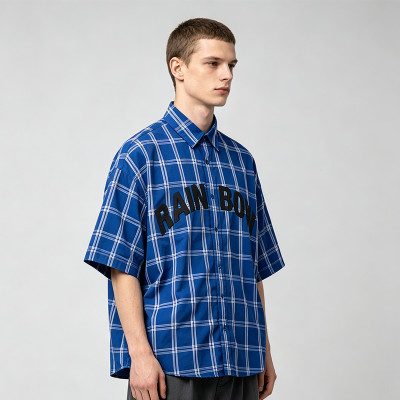 Silicone Print Plaid Short Sleeve Shirt | Loose Boxy Fit | Woven Cotton Fabric | OEM Streetwear