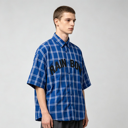 Silicone Print Plaid Short Sleeve Shirt | Loose Boxy Fit | Woven Cotton Fabric | OEM Streetwear