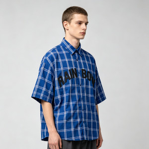 Silicone Print Plaid Short Sleeve Shirt | Loose Boxy Fit | Woven Cotton Fabric | OEM Streetwear