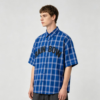 Silicone Print Plaid Short Sleeve Shirt | Loose Boxy Fit | Woven Cotton Fabric | OEM Streetwear