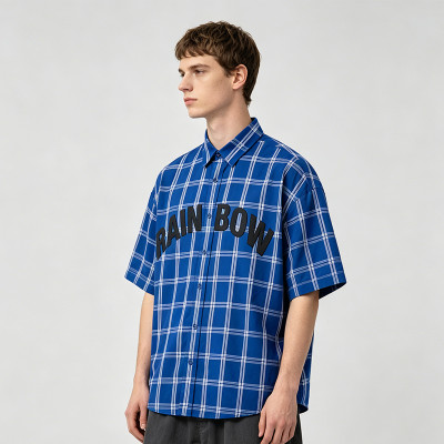 Silicone Print Plaid Short Sleeve Shirt | Loose Boxy Fit | Woven Cotton Fabric | OEM Streetwear