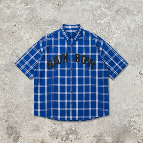 Silicone Print Plaid Short Sleeve Shirt | Loose Boxy Fit | Woven Cotton Fabric | OEM Streetwear