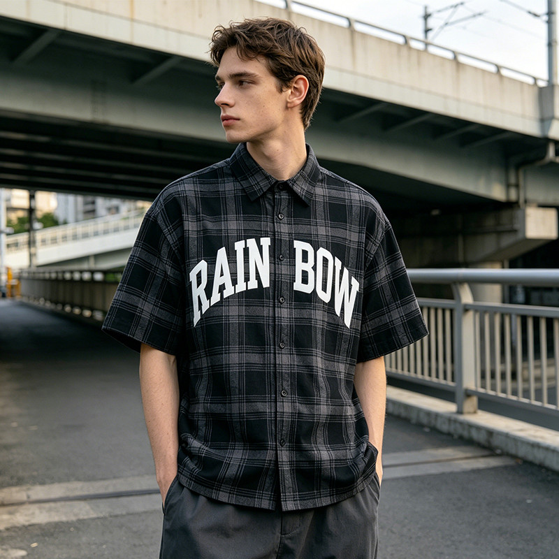 Screen Print Plaid Short Sleeve Shirt