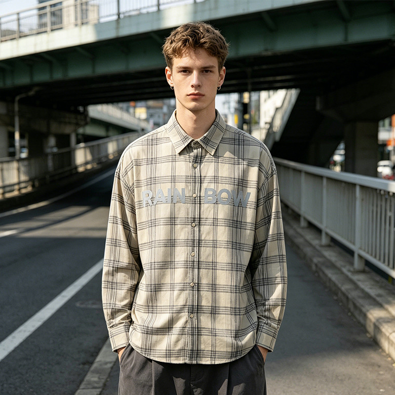 Long Sleeve Plaid with Reflective Print Shirt