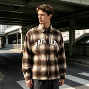 Silicone Print Long Sleeve Plaid Shirt | Oversized Fit | Cotton Blend Plaid Button Up Top | OEM Streetwear