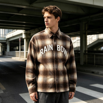 Silicone Print Long Sleeve Plaid Shirt | Oversized Fit | Cotton Blend Plaid Button Up Top | OEM Streetwear