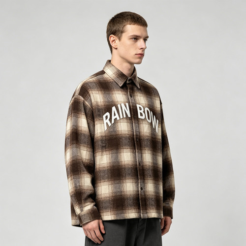 Silicone Print Long Sleeve Plaid Shirt | Oversized Fit | Cotton Blend Plaid Button Up Top | OEM Streetwear