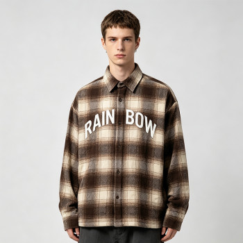 Silicone Print Long Sleeve Plaid Shirt | Oversized Fit | Cotton Blend Plaid Button Up Top | OEM Streetwear