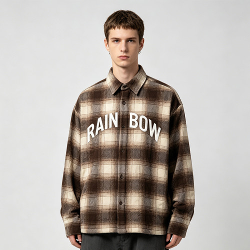 Silicone Print Long Sleeve Plaid Shirt | Oversized Fit | Cotton Blend Plaid Button Up Top | OEM Streetwear