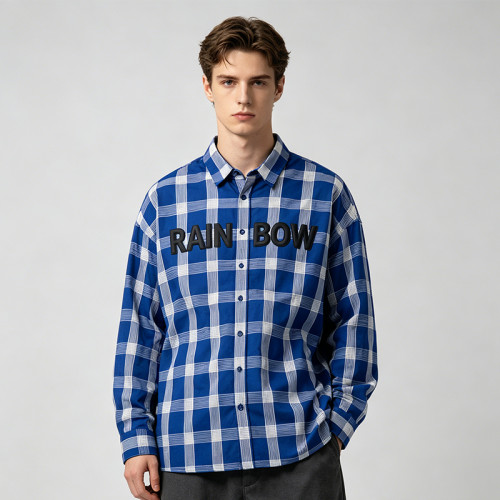 Leather Applique Long Sleeve Plaid Shirt | Oversized Fit | Light Woven Cotton Plaid Fabric | Custom Streetwear