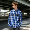 Leather Applique Long Sleeve Plaid Shirt | Oversized Fit | Light Woven Cotton Plaid Fabric | Custom Streetwear