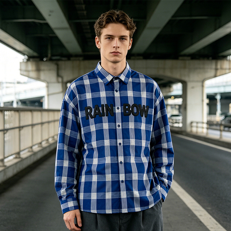 Leather Applique Long Sleeve Plaid Shirt