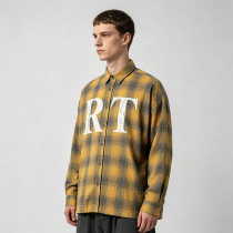 Long Sleeve Yellow Grey Plaid Cracked Screen Print Shirt | Vintage Crack Effect | Custom Streetwear
