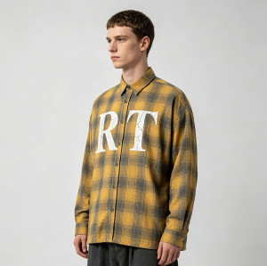 Long Sleeve Yellow Grey Plaid Cracked Screen Print Shirt | Vintage Crack Effect | Custom Streetwear