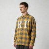 Long Sleeve Yellow Grey Plaid Cracked Screen Print Shirt | Vintage Crack Effect | Custom Streetwear