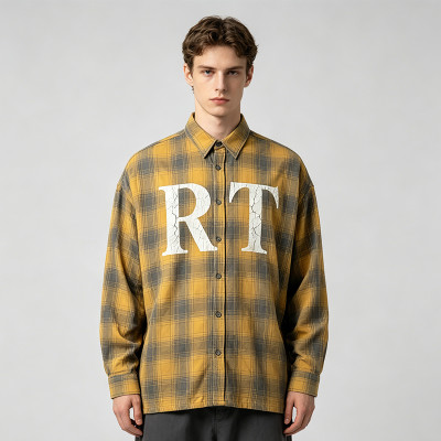 Long Sleeve Yellow Grey Plaid Cracked Screen Print Shirt | Vintage Crack Effect | Custom Streetwear