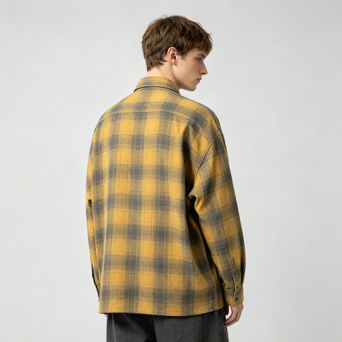 Long Sleeve Yellow Grey Plaid Cracked Screen Print Shirt | Vintage Crack Effect | Custom Streetwear