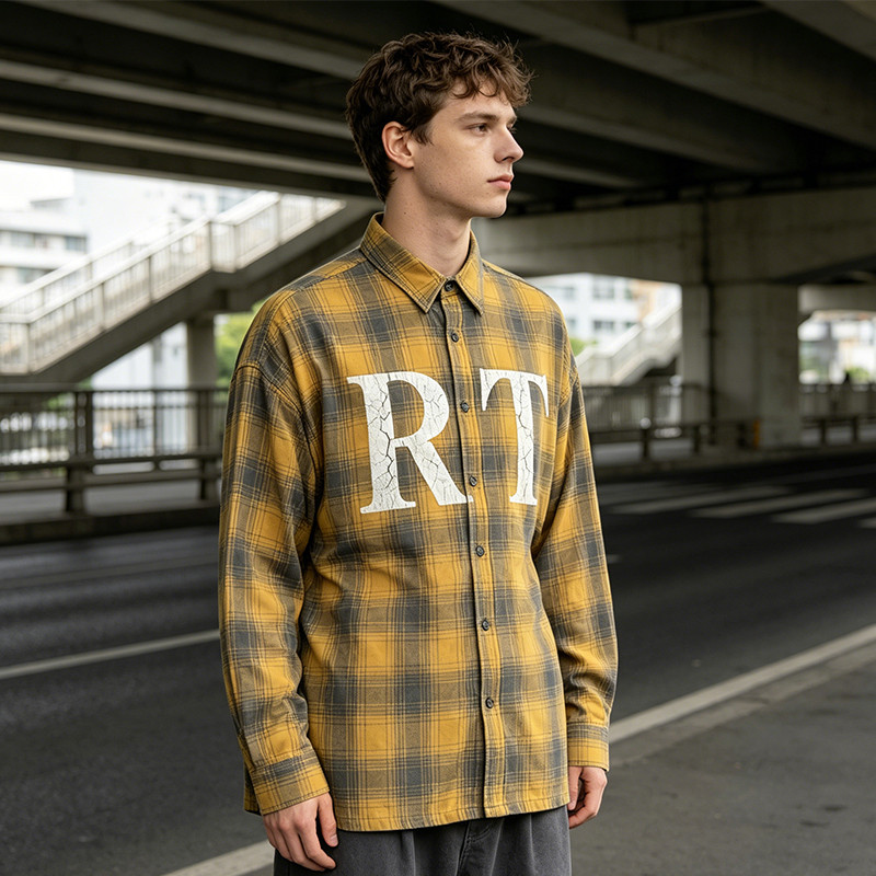 Long Sleeve Yellow Grey Plaid Cracked Screen Print Shirt