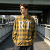 Long Sleeve Yellow Grey Plaid Cracked Screen Print Shirt | Vintage Crack Effect | Custom Streetwear