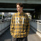 Long Sleeve Yellow Grey Plaid Cracked Screen Print Shirt | Vintage Crack Effect | Custom Streetwear